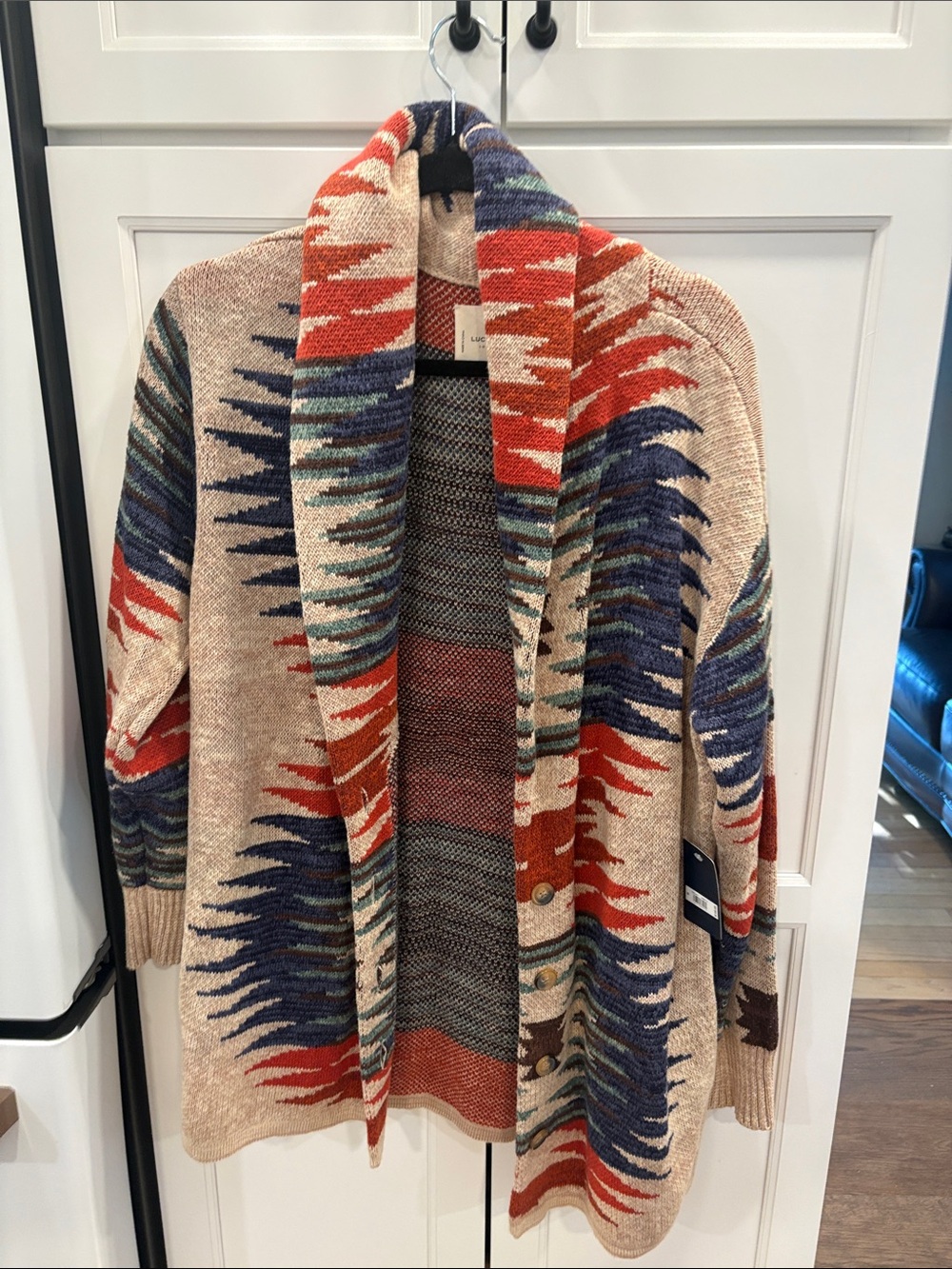 Lucky Brand Aztec Cozy Multicolor Shawl Cardigan Sweater - Beige with Rust & Nav